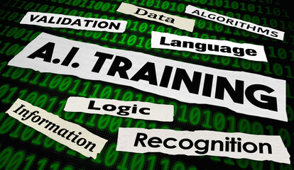 AI Training Aritificial Intelligence News Headlines Data Communication Algorithms 3d Illustration