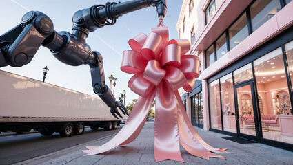 A giant satin pink bow suspended by a black robotic arm, with a sleek storefront and clear sky