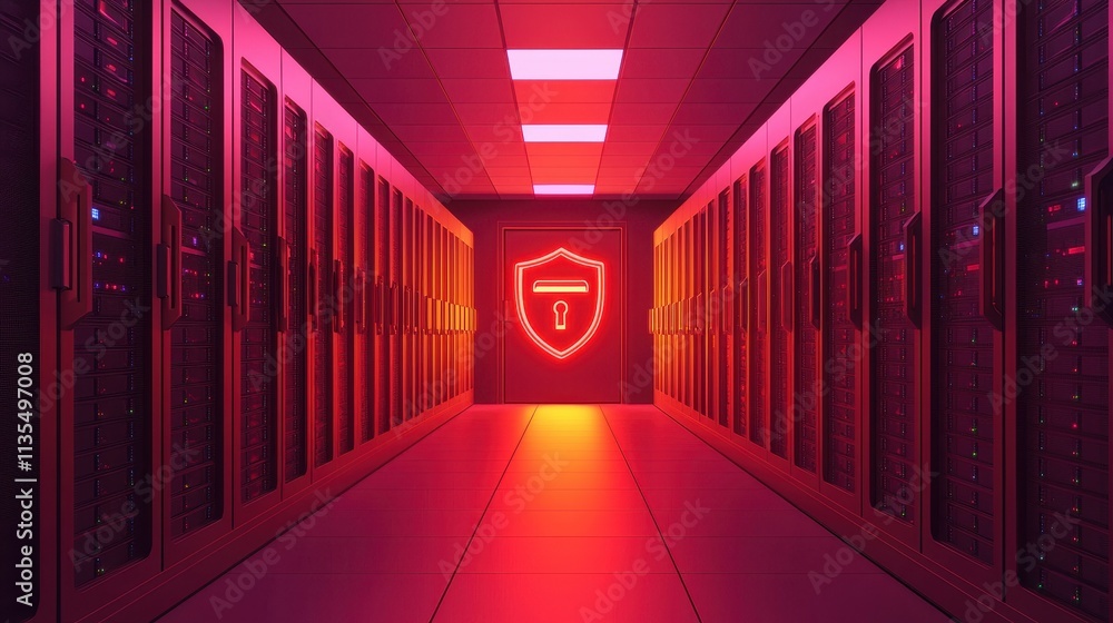Poster a dimly lit server room with red lighting and a shield icon, emphasizing security and technology.