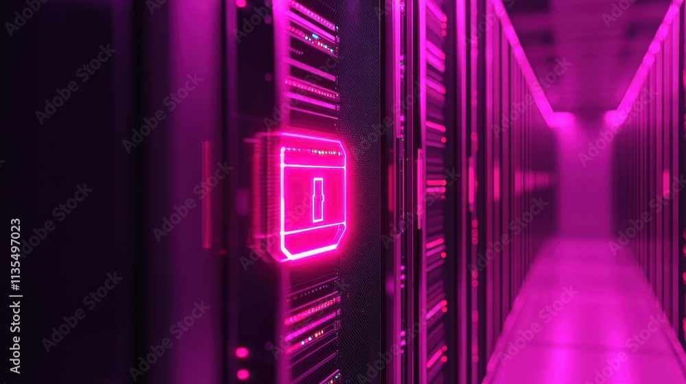 Poster a modern server room illuminated in pink, featuring rows of servers with a focus on a key lock symbo
