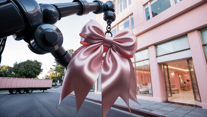A giant satin pink bow suspended by a black robotic arm, with a sleek storefront and clear sky