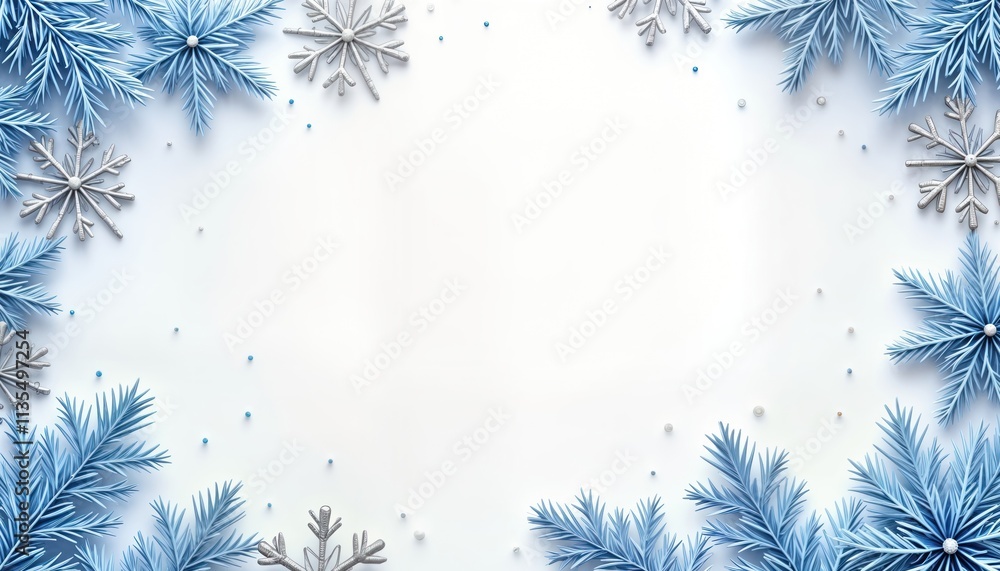 Poster abstract winter design with blue branches and silver snowflakes on white background. festive decorat