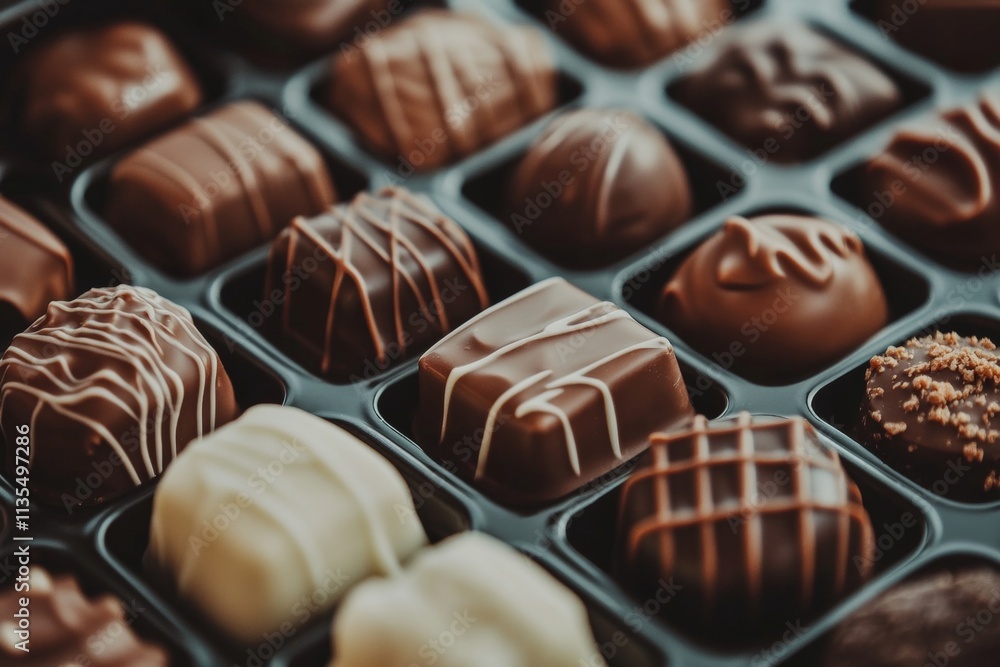 Poster luxurious assortment of chocolates in a box showcasing various shapes and sizes for indulgence
