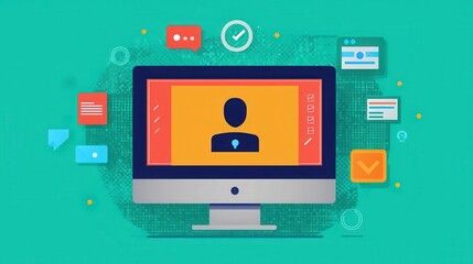 A digital illustration of a computer screen displaying a user profile, surrounded by various notifications and icons representing communication and data.