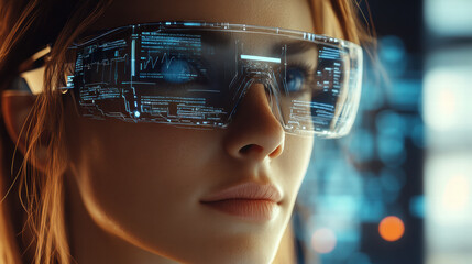 Close-up of a woman wearing futuristic augmented reality glasses while looking at digital data on a virtual screen