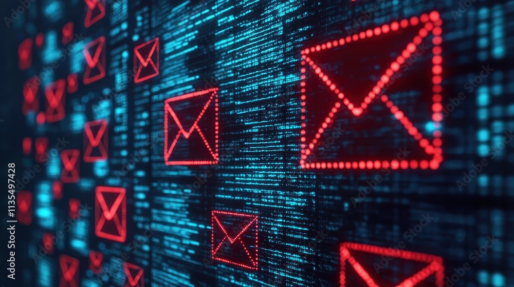 Poster a digital representation of red email icons overlaid on a blue data matrix, symbolizing communicatio