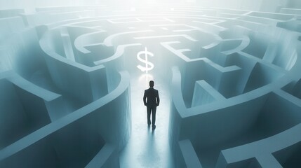 Businessman at Labyrinth Entrance, navigating a complex maze with a dollar sign at its center, symbolizing financial challenges and opportunities