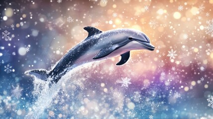 Fototapeta premium Dolphin Leaping Through Colorful Winter Background with Snowflakes