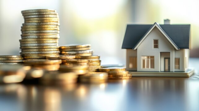 Hyperrealistic photo of a neat pile of coins with a house model beside it, representing investment growth in real estate. The bright, polished setup gives the image a professional magazine look,