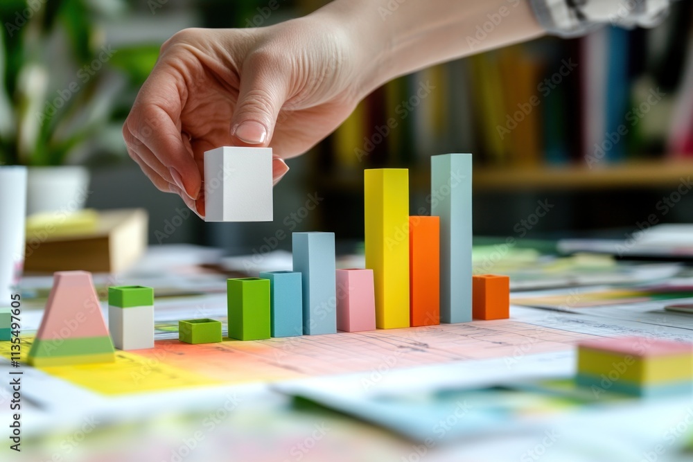 Poster Hand arranging colorful blocks, creating a bar chart on table.