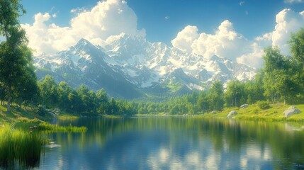 Fototapeta premium Serene mountain lake scenery with snow-capped peaks, lush forest, and tranquil reflections.