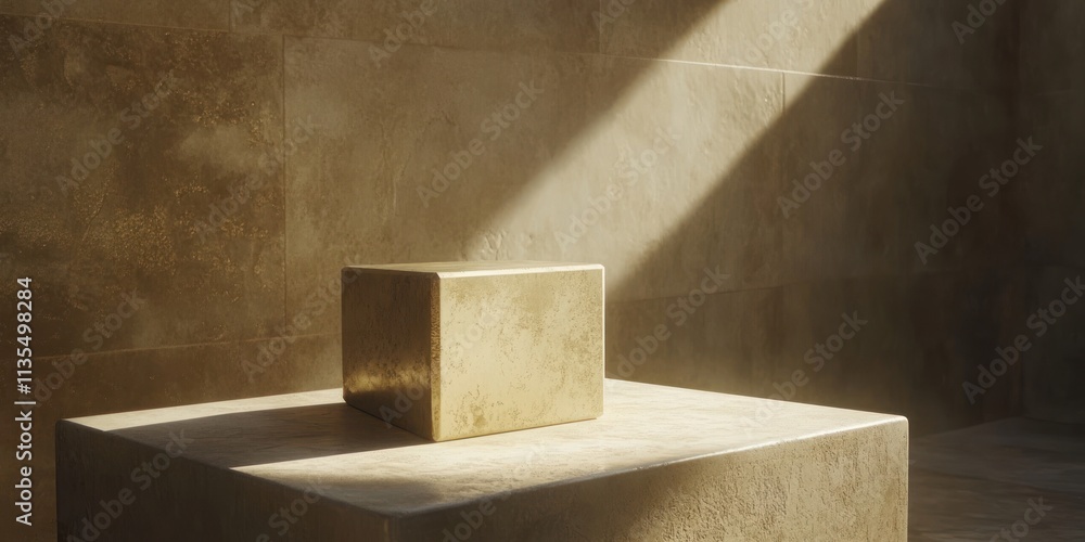 Poster Golden cube on block with sunlight.