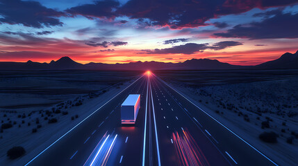Obraz premium Futuristic desert highway, holographic mirages, highspeed vehicles, dusk. Nightfall. Illustration