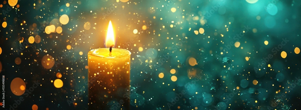 Poster lit candle with bokeh lights on teal background.