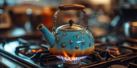 Retro tea kettle with whistling spout on vintage gas stove, warm kitchen ambiance, nostalgic 70s...