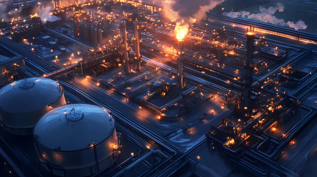 Industrial lng liquefied natural gas an aerial view of a large lng terminal at dusk. Nightfall. Illustration