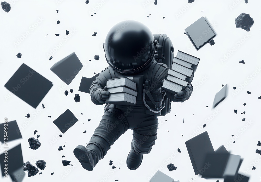 Poster Astronaut carries books in space with floating objects.