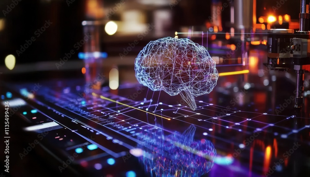Poster close up of ai interface and data visualization surrounded by advanced technology and teamwork.