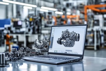 Laptop showcasing engine design amidst workshop activity and automotive engineering technology