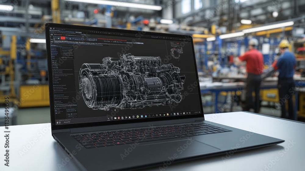 Aufkleber advanced engineering a laptop displaying engine designs amidst car motor block and factory workers