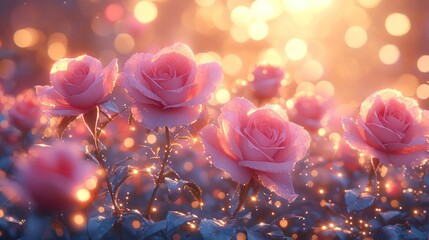 Soft pink roses in a magical garden setting at sunrise.