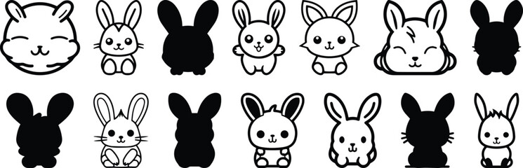 Rabbit silhouettes set, animal pack of vector silhouette design, isolated background