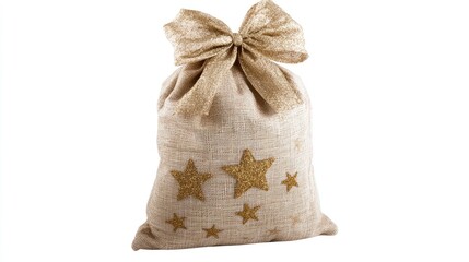 Decorative burlap bag with gold glitter star pattern and bow