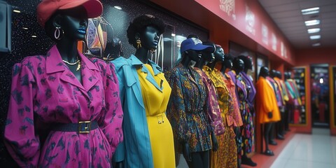 Vibrant 80s Fashion Boutique, showcasing colorful outfits on stylish mannequins, capturing the essence of retro trends and bold designs