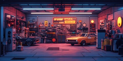 Fototapeta premium Vibrant 80s Car Repair Shop, lively atmosphere, neon signs illuminating classic vehicles, tools and parts scattered, a nostalgic automotive haven