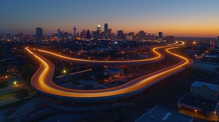 Fototapeta premium Aerial view of a city skyline at dusk with light trails from vehicles on a winding road.
