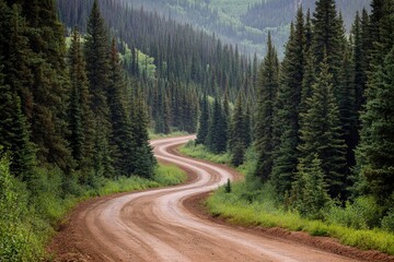 Fototapeta premium Dirt road winding through pine forest, rugged and wild