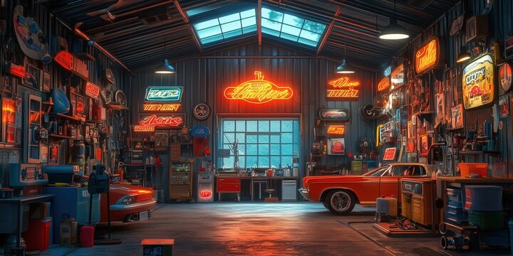 Vibrant 80's Car Repair Shop, neon signs illuminating classic vehicles, lively atmosphere filled with nostalgia and automotive charm