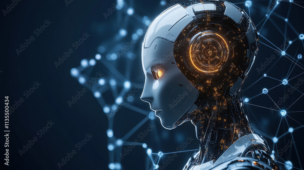 Aufkleber a futuristic robot head with glowing eyes and circuitry on the side, looking to its right in profile