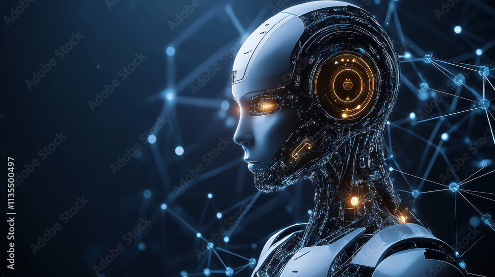 Poster a futuristic robot head with glowing eyes and circuitry on the side, looking to its right in profile