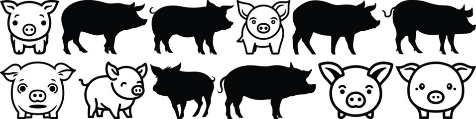 Pig silhouettes set, animal pack of vector silhouette design, isolated background