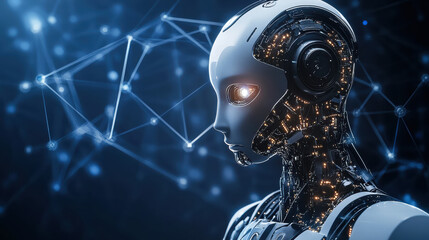 A futuristic robot head with glowing eyes and circuitry on the side, looking to its right in profile against an abstract background of blue digital connections