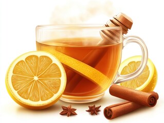 A warm cup of spiced tea with lemon, honey, and cinnamon sticks, evoking comfort and relaxation.