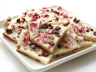 A plate of white chocolate bark topped with peppermint pieces and chocolate chunks.