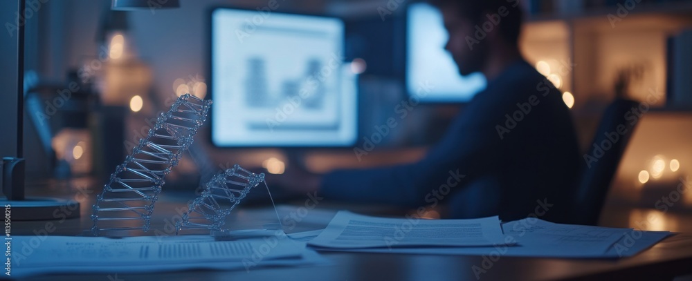 Poster man working at night, diagrams and paperwork on desk, desktop monitor lit.