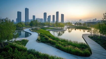 Obraz premium Urban Oasis: Serene Park with Winding Pathways and City Skyline