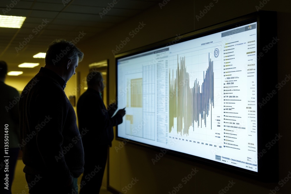 Poster People analyze chart data on large monitor in dark office.