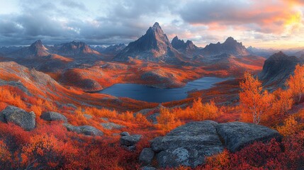 Stunning autumn landscape panorama of mountains, lake, and vibrant red foliage.