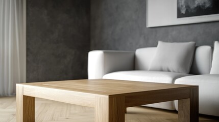 A realistic photo of a sleek, modern living room showcasing a wooden square coffee table near a white sofa. The grey wall with an art poster complements the minimalist aesthetic. Captured in 32k