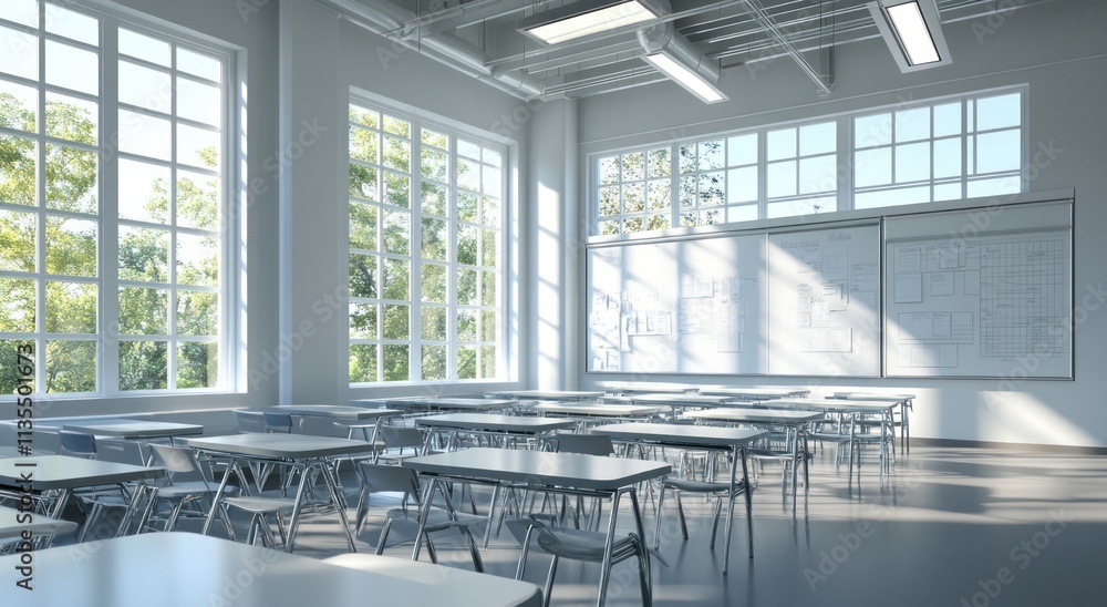 Poster empty classroom with desks, board, and big windows filled with light.