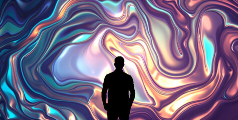 Silhouette Against a Psychedelic Swirling Abstract Background of Iridescent Hues