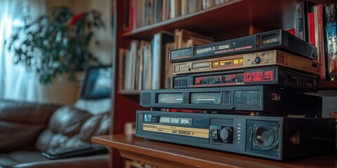 Vintage 80s VHS Tapes and VCR on Living Room Shelf, Nostalgic Home Entertainment Setup, Retro...