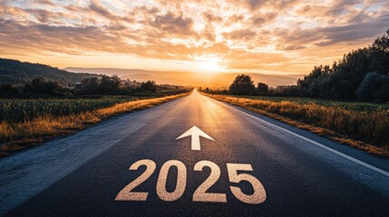 Text "2025" and arrow pointing towards the horizon written on asphalt shows an expansive road leading to the horizon, symbolizing the optimism and opportunities of the new year 2025. The photograph
