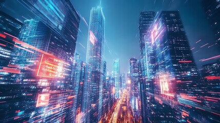 Cyberpunk Cityscape with Neon Lights and Digital Effects