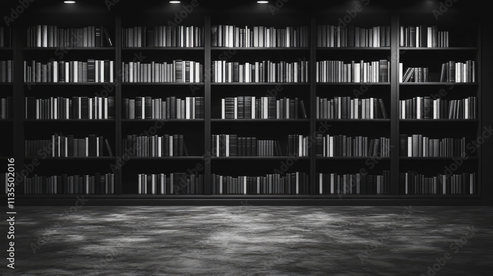 Aufkleber dark and moody bookshelf with rows of books in black and white