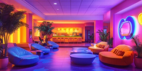Vibrant 80s hotel lobby, plush seating, neon decor, retro ambiance, nostalgic charm, inviting atmosphere, lively color palette